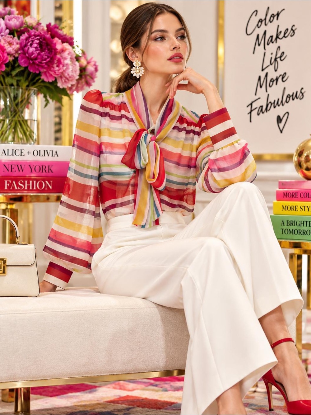 Alice + Olivia Multicolor Striped Tie-Neck Blouse